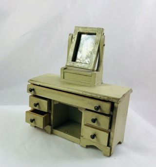 Vintage Dollhouse Miniature Furniture Green Painted Wood Dresser with Mirror 3