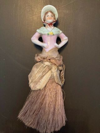 All Antique Porcelain Half Doll On Wisk Brush Broom Woman W/hat