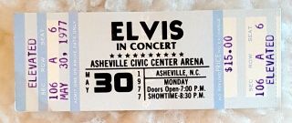 Elvis Presley " In Concert " Ticket Asheville,  Nc May 30 1977 Nm Very Rare