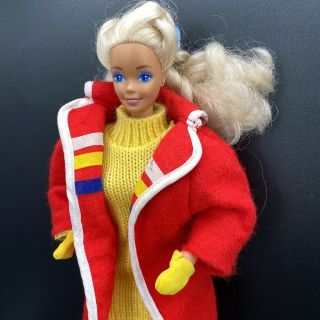 Vintage 90s Barbie Doll With Winter Outfit Red Coat Sweater Dress Leggings Bl7