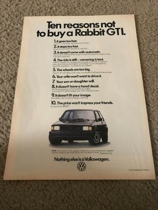 Vintage 1983 Volkswagen Vw Rabbit Gti Print Ad 1980s " To 10 Reasons " Rare