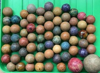 68 Antique Clay Marbles,  Shooters,  Various Sizes And Colors,  1 Bennington Marble