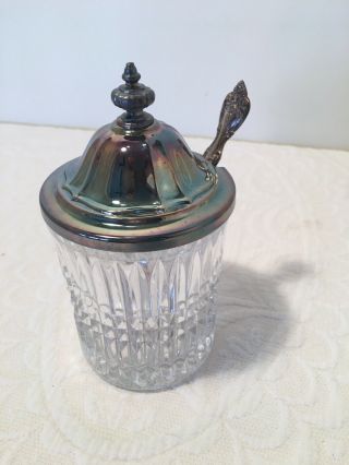 Vintage Cut Glass Sugar Bowl W/ Silver - Plated Lid With Spoon