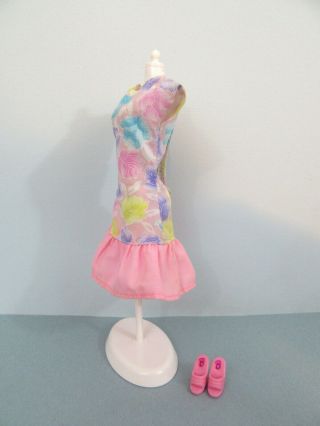Vintage Barbie Doll Clothes & Shoes FLORAL DRESS Pink Yellow Blue PURPLE TAG 2