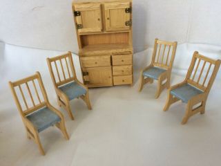 Vintage Miniature Dollhouse Furniture Kitchen Cupboard & 4 Dining Chairs