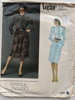 Vtg Vogue Sewing Pattern 2734 Designer Emanuel Ungaro Cut Sz 10 Dress Oop Rare