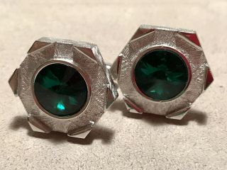 Vintage Shields Cufflinks Silver Hexagons W/faceted Large Emerald Green Crystals