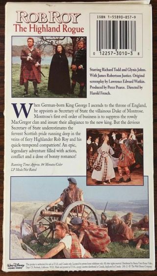 RARE Disney Classic - Rob Roy: The Highland Rogue VHS Richard Todd,  Glynis Johns 2