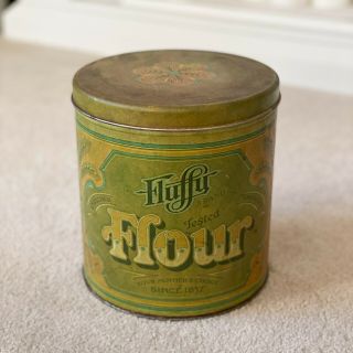 Vintage Fluffy Brand Green Tin Canister Flour Container With Lid