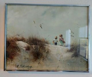 Vintage A.  Sehring Framed Print Little Boy And Girl 20 X 16 Inches