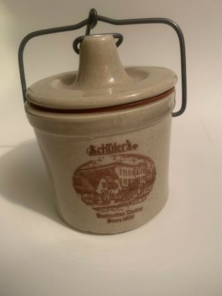 Win Schuler’s Restaurant Advertising Stoneware Cheese Crock Pottery Wire Bail