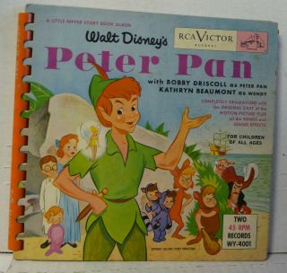Rare Walt Disney Peter Pan 2x - 45rpm Records Wy - 4001 & Full Color Story From 1952