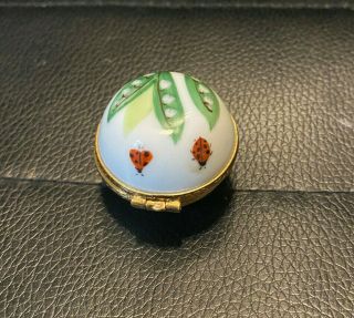 Rare Petite Peint Main Limoge Porcelain Trinket Box Ladybug Flowers Flat Oval