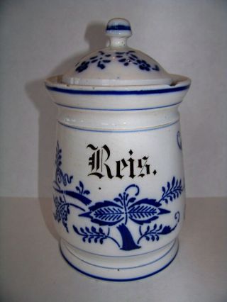 Early Antique German Flow Blue Onion Rice Reis Canister Unmarked Rare Form