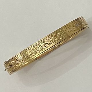Antique Victorian Ornate Engraved Gold Filled W/ Black Enamel Bangle Bracelet