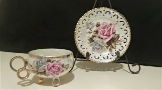Royal Sealy China Japan - Gorgeous Red And Gray 3 Footed Tea Cup And Saucer