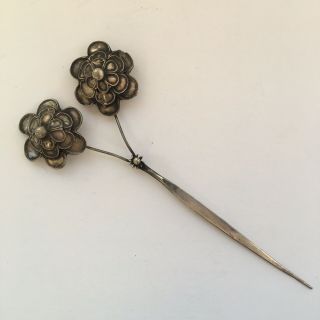 Antique Silver Hair Pin With Flowers - Chinese Style Hair Stick - 7” Ships