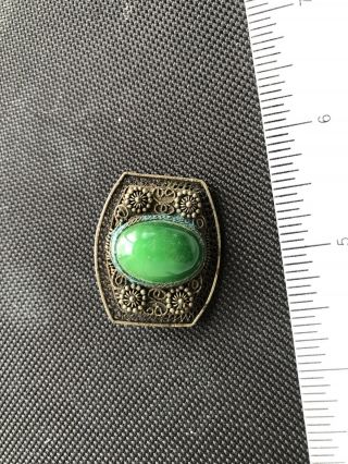Antique Vintage Silver Filigree Green Peking Glass Brooch Pin