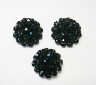 3 Antique Vintage Victorian Large Black Glass Hand - Beaded Buttons
