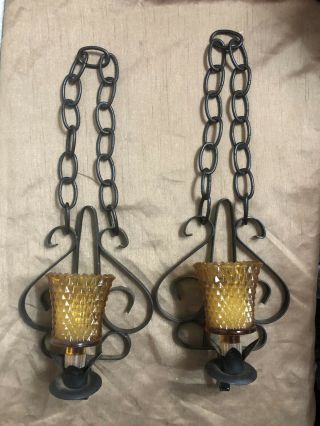 2 Vtg Wrought Iron Wall Sconce Candle Holder Gothic Chain Candlesticks Votive