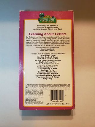 Sesame Street: LEARNING ABOUT LETTERS VHS Big Bird,  Cookie Monster.  1986 Good 2