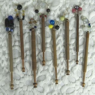 8 Antique Vintage Lace Wooden Bobbins With Spangles And Grooving