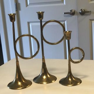 Vintage Hosley International Solid Brass Set Of 3 French Horn Candlesticks