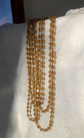 Vintage Art Deco Amber Glass Beaded Necklace Knotted 70 " L Antique