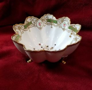 Antique Nippon " M " Hand Painted - Roses Green Gold Footed Berry Bowl Strainer