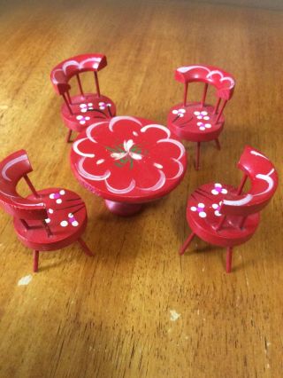 Wooden Dollhouse Furniture Kitchen Table 4 Chairs Red Hand Painted Floral Vtg