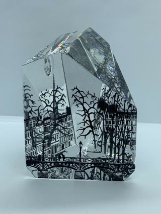 Rare Signed Baccarat Mod Art Glass Crystal Paperweight City Scape Bridge Scene