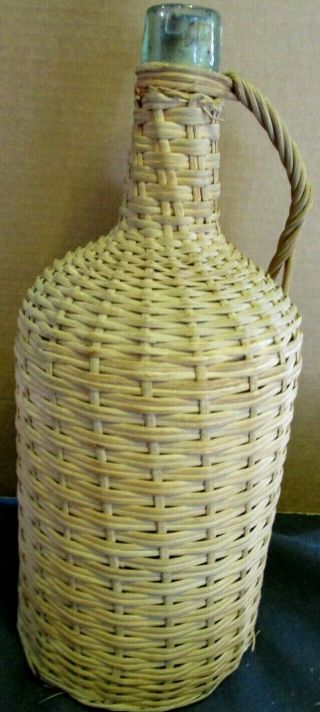 Antique Wicker Covered French Demijohn Aqua Wine Bottle With Handle