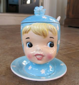 Rare Vintage Napco Blue Miss Cutie Pie Jam Pot/jar Sugar Bowl