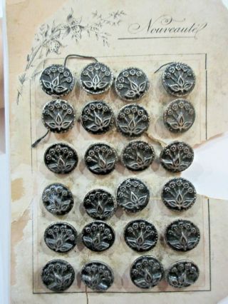 French Card Of 24 Antique 2 Part Metal Floral Buttons 9/16 "