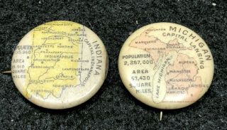 2 Antique 1896 American Pepsin Gum Company Pin Back Button State Maps