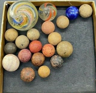 20 Vintage/antique Marbles Handmade Clay Glass Swirls Old Toys