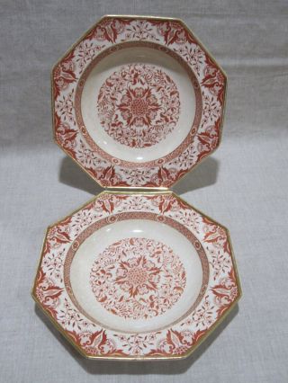 2 Antique Minton Denmark Soup Plates - England - Octagon Shape Red/brick Color
