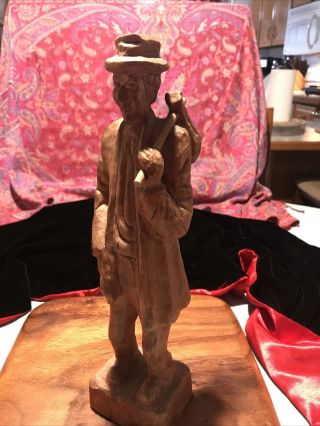 Hand Carved Wood Vintage Folk Art Hobo Man Figure Statue Sculpture 13 1/2 " Tall