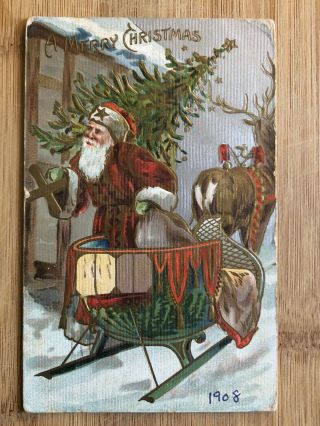 Antique “christmas” Postcard With Santa Claus Sleigh Reindeer - Embossed 1900s