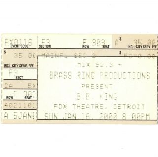 Bb King & Bobby Blue Bland Concert Ticket Stub Detroit 1/16/00 Fox Theatre Rare