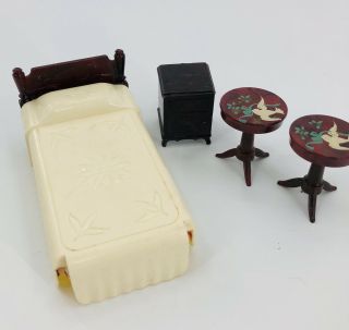 Renewal & Ideal Vintage Plastic Dollhouse Furniture - Twin Bed Nightstand Tables
