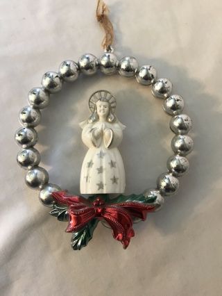 Rare Vtg Bradford Christmas Silver Beaded Wreath W Bow/angel Hanging Ornament