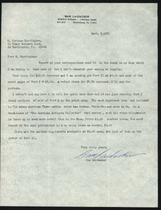 Tls - Typed Signed Letter From Sam Laidacker American Antiques /collector 1971