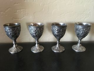 Vintage Set Of 4 Corbell & Co.  Silver Repousse Graph Design Cordials Wine Cups