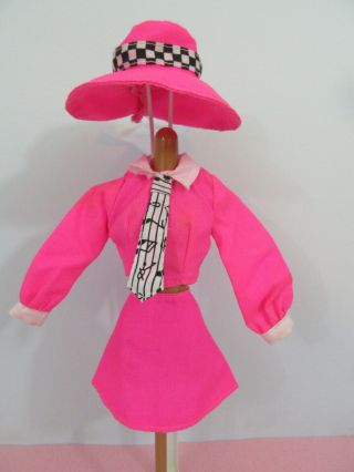 Vintage Barbie Doll Clothes Outfit & Hat Neon Pink Black & White Checked - Music