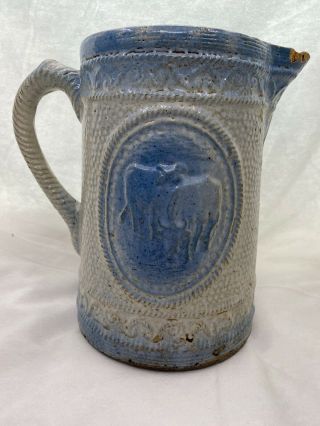 Antique Hull Blue & White Salt Glaze Stoneware " Grazing Cows " Pitcher - 8 " Tall
