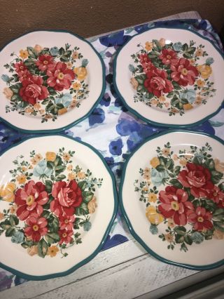 4 Pioneer Woman Stoneware Floral Salad Plates 8.  5 " Green Red Beige Yellow Aqua