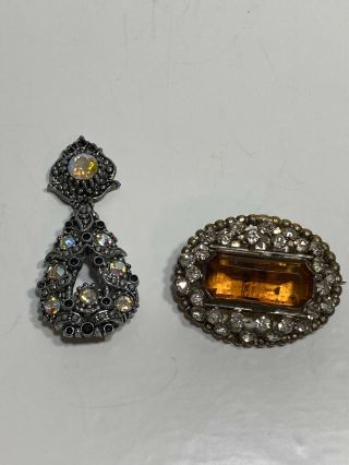 2 Antique Amber and clear glass Rhinestone Brooch Pin 2