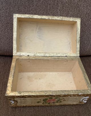 Vintage Italy Gold Florentine Antique Box Painted Wood Flowers Italian