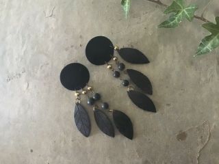 Black Leaf Boho Tribal Ethnic Wooden Dangly Earrings Vintage 1980s Jewellery